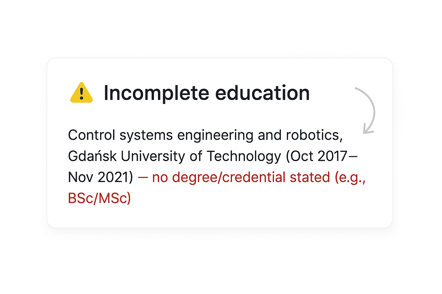 AI resume review interface showing timeline issues and recommendations